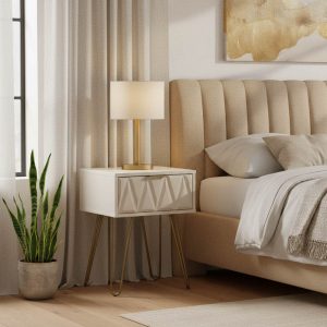 Κομοδίνο Isla pakoworld χρώμα λευκό painting-χρυσό 42x35x55εκ