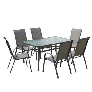 Tραπεζαρία Calan-Ensure pakoworld σετ 7τεμ σκούρο ανθρακί μέταλλο και textilene ανθρακί 140x80x70εκ