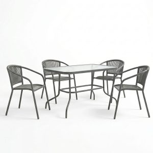 Τραπεζαρία Valor-Lindaria pakoworld σετ 5τεμ μέταλλο ανθρακί-γυαλί-pe rattan 110x60x70εκ