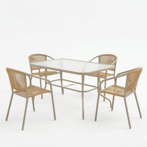 Τραπεζαρία Valor-Lindaria pakoworld σετ 5τεμ μέταλλο σε σαμπανιζέ και pe rattan σε φυσική απόχρωση 110x60x70εκ