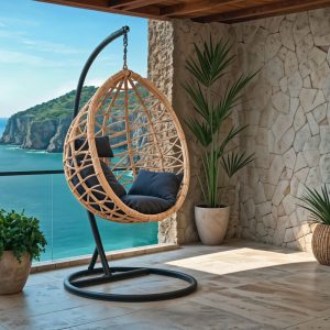 Κούνια Hudson pakoworld κρεμαστή μέταλλο μαύρο-pp φυσικό-μαξιλάρι μαύρο 109x119x195εκ