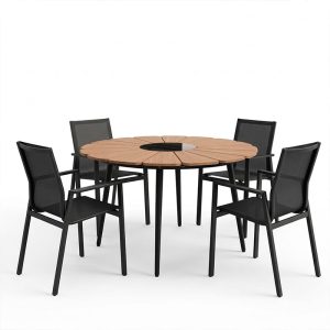 Τραπεζαρία Pinap-Dashiell σετ 5τεμ pakoworld μαύρο αλουμίνιο και plywood σε φυσική απόχρωση Φ110x74εκ