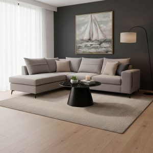 Γωνιακός καναπές δεξιά γωνία Montana pakoworld γκρι ύφασμα με μαξιλάρια σε απόχρωση ανοιχτό γκρι 275x215x93εκ