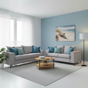 Σετ σαλονιού 2τεμ Verona pakoworld ανοιχτό γκρι ύφασμα με μαξιλάρια σε μπλε απόχρωση