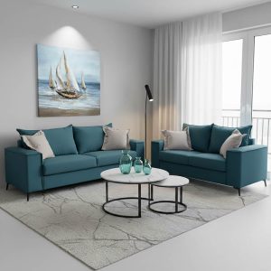 Σετ σαλονιού 2τεμ Verona pakoworld μπλε ύφασμα με μαξιλάρια σε απόχρωση ανοιχτό γκρι