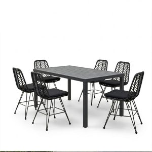 Τραπεζαρία Naoki-Kliton II σετ 7τεμ pakoworld ανθρακί αλουμίνιο και pe rattan σε μαύρη απόχρωση 150x80x74εκ