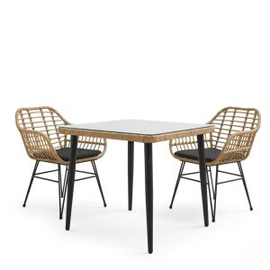 Τραπεζαρία Naoki V σετ 3τεμ pakoworld rattan pe σε φυσική απόχρωση και μαύρο μέταλλο 80x80x78εκ