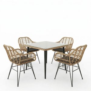 Τραπεζαρία Naoki V σετ 5τεμ pakoworld rattan pe σε φυσική απόχρωση και μαύρο μέταλλο 80x80x78εκ