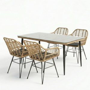 Τραπεζαρία Naoki Χ σετ 5τεμ pakoworld rattan pe σε φυσική απόχρωση και μαύρο μέταλλο 160x90x78εκ