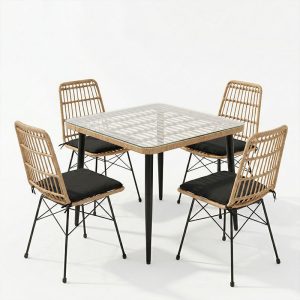 Τραπεζαρία Naoki U σετ 5τεμ pakoworld rattan pe σε φυσική απόχρωση και μαύρο μέταλλο 80x80x78εκ