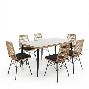 Τραπεζαρία Naoki U σετ 7τεμ pakoworld rattan pe σε φυσική απόχρωση και μαύρο μέταλλο 160x90x78εκ