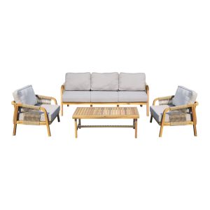 Σαλόνι εξωτερικού χώρου Malibu III pakoworld ξύλο ακακίας με σχοινί σε φυσική απόχρωση και μπεζ μαξιλάρια