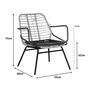 Πολυθρόνα κήπου Naoki pakoworld με μαξιλάρι pe φυσικό-μέταλλο μαύρο πόδι 58x63x81εκ