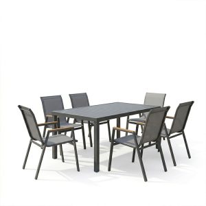 Τραπεζαρία Azelie-Kliton pakoworld σετ 7τεμ ανθρακί ύφασμα-ανθρακί αλουμίνιο 150x80x74εκ