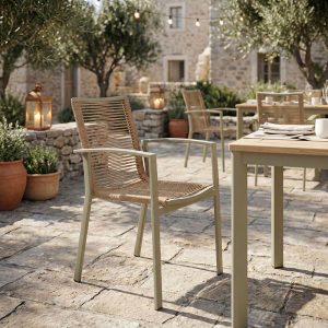 Πολυθρόνα Jonian pakoworld στοιβαζόμενη σαμπανιζέ αλουμίνιο-textilene σε φυσική απόχρωση 57x63x83εκ