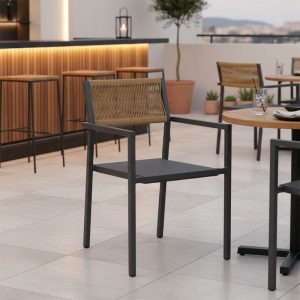 Πολυθρόνα αλουμινίου Savor pakoworld στοιβαζόμενη ανθρακί σκελετός-textilene φυσικό rattan 55x58x83εκ