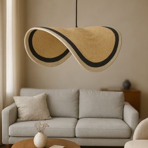 Φωτιστικό οροφής Hatchie Inart φυσικό-μαύρο-λευκό ψάθα-μέταλλο Φ120x144εκ