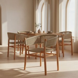 Πολυθρόνα Kajone pakoworld σκελετός teak ξύλο σε φυσική απόχρωση και κρεμ pe σχοινί 62x51x75εκ