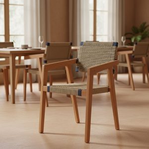 Πολυθρόνα Salama pakoworld σκελετός teak ξύλο σε φυσική απόχρωση και κρεμ-μαύρο pe σχοινί 57x60x85εκ