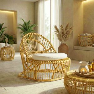 Πολυθρόνα Tromso pakoworld pe rattan σε φυσική απόχρωση με εκρού χρώμα μαξιλάρι 80x85x98εκ