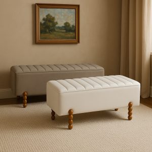 Σκαμπό μπαούλο Daph Inart σετ 2 τεμ βελούδο σε μπεζ και λευκή απόχρωση