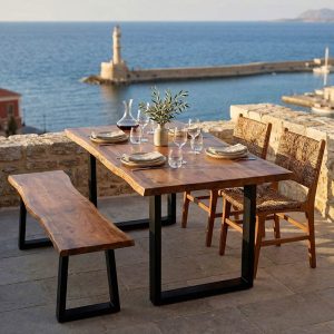 Τραπέζι Miles pakoworld μασίφ ξύλο ακακίας πάχους 3.7-4εκ σε καρυδί απόχρωση με μαύρα μεταλλικά πόδια 160x90x76εκ