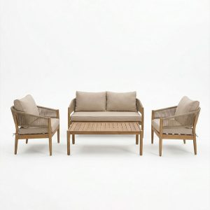 Σαλόνι εξωτερικού χώρου Lemanda pakoworld μασίφ ξύλο ακακίας με σχοινί και μπεζ μαξιλάρια